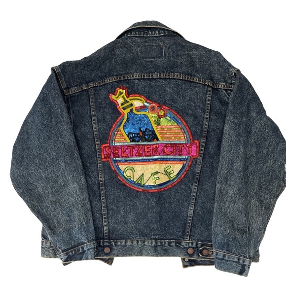 Rare Vintage Levis Denim Jacket Bomber USA Seltzer City Cafe Sequin California M